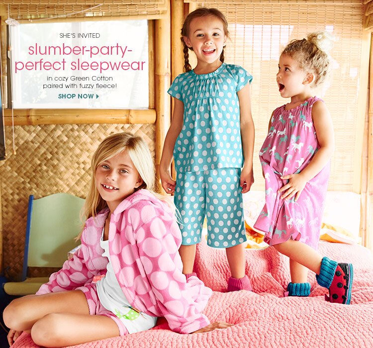 Garnet Hill Kids' Bedding and Girls' Clothing Catalog. Slumber Party Girls' Sleepwear in Cozy Green Cotton or Fuzzy Fleece.