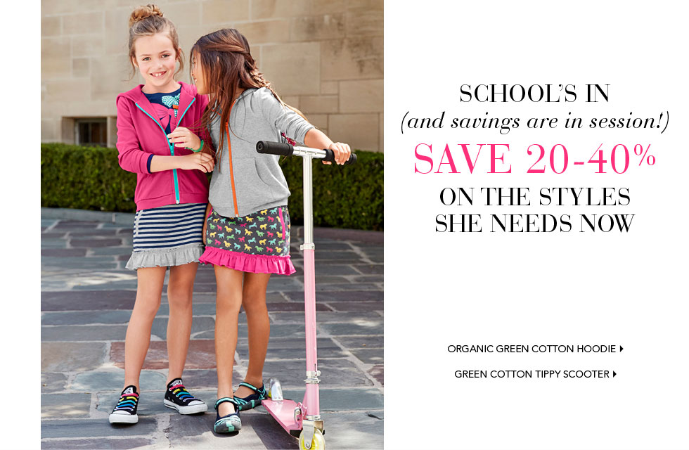 Garnet Hill Bedding and Clothing Catalog. School's In Girls' Clothing Sale. Save 20-40% on Girls' Clothing Styles she Needs Now. Organic Green Cotton Hoodie. Green Cotton Tippy Scooter.