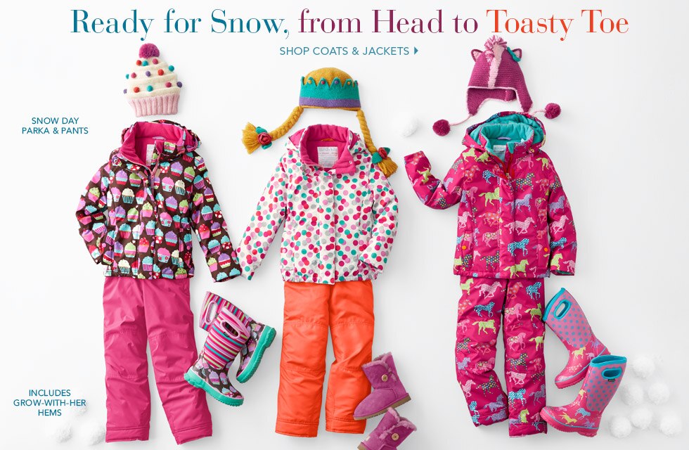 Garnet Hill Kids' Bedding and Girls' Clothing Catalog. Shop Girls' Coats and Jackets. Girls' Snow Day Parka and Snow Pants, Includes Grow-With-Her Hems.