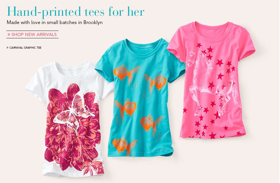 Garnet Hill Kids' Bedding and Girls' Clothing Catalog. Girls' Hand-Printed Tees. Made with Love in Small Batches in Brooklyn, NY. Shop New Arrivals in Girls' Clothing. Carnival Graphic Tee.