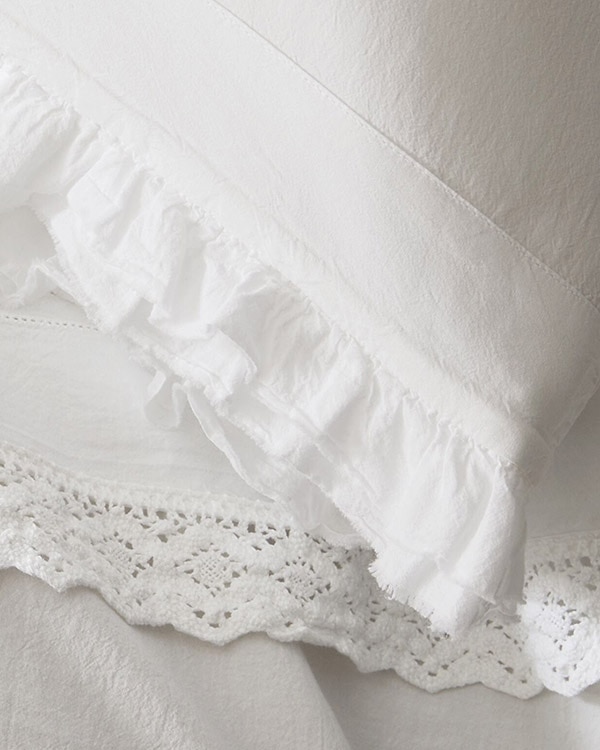 Close-up image of the hemline on the Astor Ruffle & Bryant Crochet Washed-Percale Sheets.